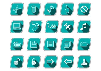 Icon set with computer symbols, green skew icons, long shadow, white pictograms, vector icons