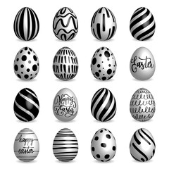 Set of black and white Easter eggs collection on a white background. Modern calligraphy, hand lettering and hand drawn pattern on eggs.