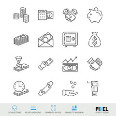 Vector Line Icon Set. Money Related Linear Icons. Finance Symbols, Pictograms, Signs. Pixel Perfect Design. Editable Stroke. Adjust Line Weight. Expand to Any Size. Change to Any Color. - obrazy, fototapety, plakaty