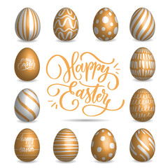 Set of beige Easter eggs collection on a white background. Modern calligraphy, hand lettering and hand drawn pattern on eggs.