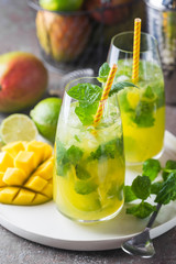 Fresh mango mojito cocktail with lime and mint in a glass