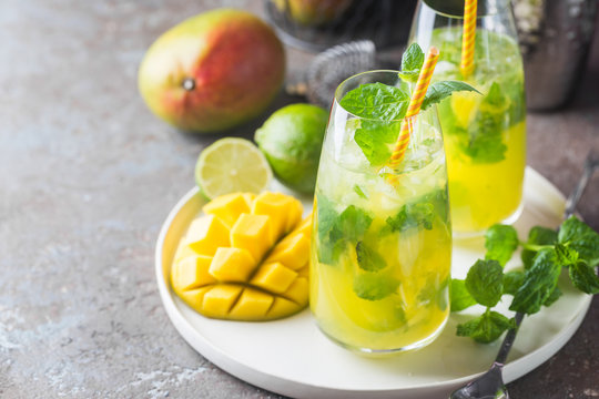 Fresh Mango Mojito Cocktail With Lime And Mint In A Glass