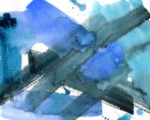 Blue watercolor brush strokes background. Fresh grunge look.
