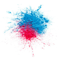 Abstract colorful Happy Holi background. Color vibrant powder isolated on white. Dust colored splash texture. Flat lay holi paint decoration