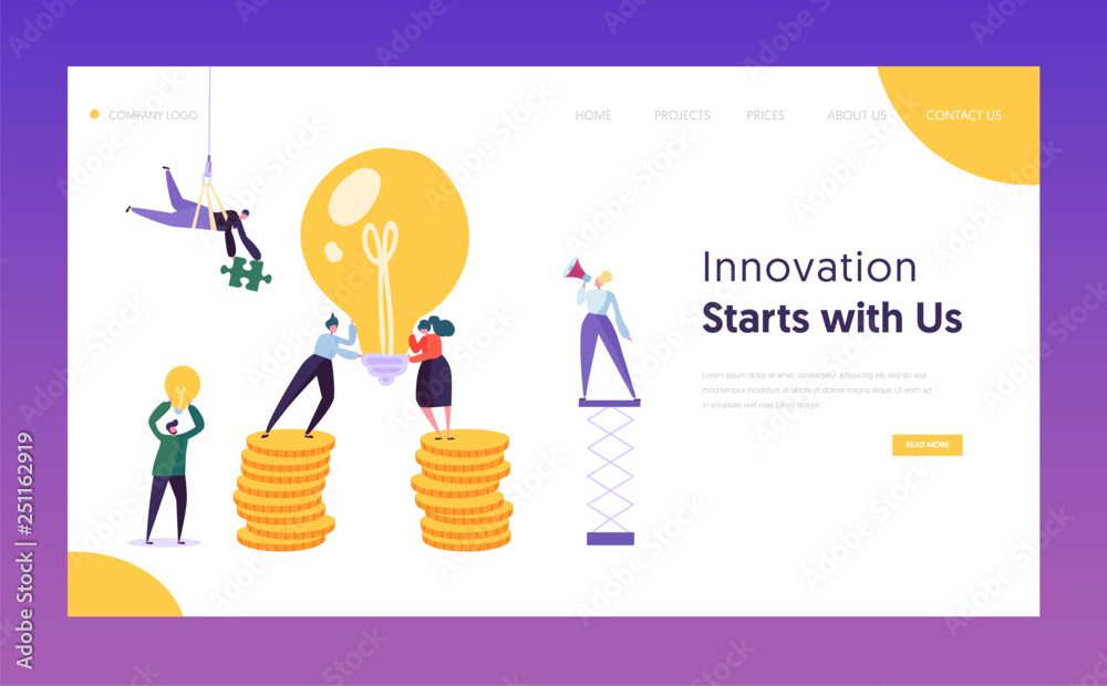 Poster people working new project concept landing page. creative idea for startup with lightbulb. financial