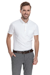 confident smart casual man with hand in pocket