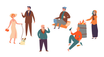 Set Poor Rich Character Socialclass Inequality. Homeless man and Women and Successful Rich People. Contrast in Social Economic Classes Isolated on white Background Flat Cartoon Vector Illustration
