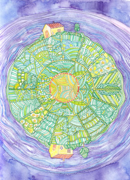 Drawing of Abstract round world with houses