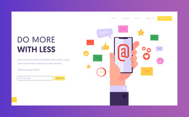 Modern Internet Technology Concept Landing Page. Email Network Marketing, Social Media and Digital Marketing, Social Network Promotion Concept Website or Web Page. Flat Cartoon Vector Illustration.