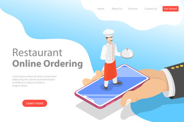 Flat vector landing page template of table online reservation, mobile booking, food ordering and delivery.