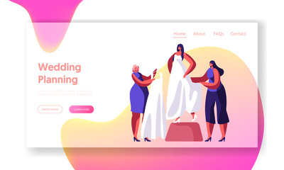 Bride Try on White Trial Wedding Dress Landing Page. Marriage Ceremony Preparation. Woman Help Select Fashion Gown. Traditional Bridal Shopping Website or Web Page. Flat Cartoon Vector Illustration