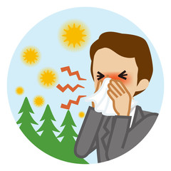 ティッシュで鼻をかむビジネスマン　屋外背景　円形 - 花粉症イメージ