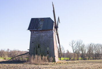 Kawnice, Poland. Old ruined windmill on the field.