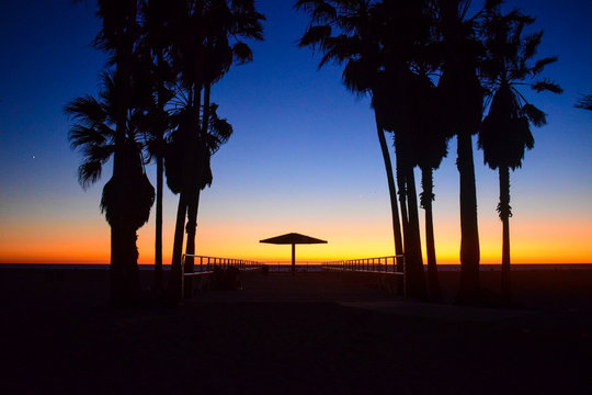 Sunset over USA Beach in Los Angeles, California