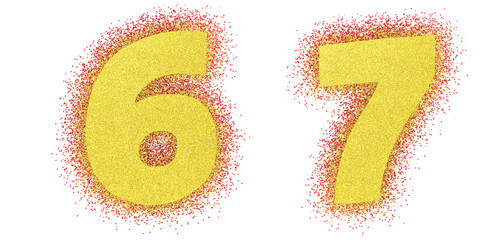  Gold glitter numbers font. Bold letteres comics. Yellow font 3d render. Path save. Numbers 6, 7