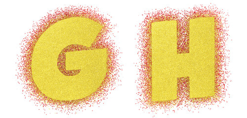 Gold glitter alphabet font. Bold letteres comics. Yellow font 3d render. Path save. Letters G, H