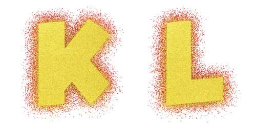 Gold glitter alphabet font. Bold letteres comics. Yellow font 3d render. Path save. Letters K, L