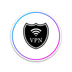 Shield with VPN and WiFi wireless internet network symbol icon isolated on white background. VPN protect safety concept. Virtual private network for security. Circle white button. Vector Illustration