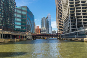 View of The Chicago River and skyscrapers in downtown Chicago,Illinois, USA
