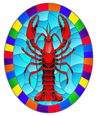 Illustration in stained glass stile with abstract red crayfish on a blue background , oval picture in a bright frame