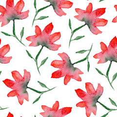 Beautiful seamless pattern with hand drawn watercolor red flowers on white background. Bright summer floral texture for textile, wrapping paper, cover, surface, wallpaper