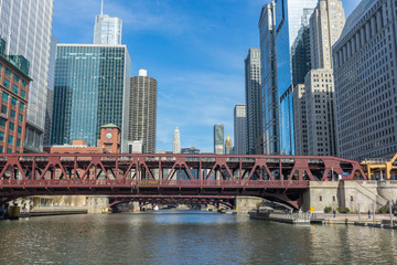 View of The Chicago River and skyscrapers in downtown Chicago,Illinois, USA