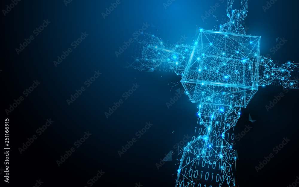 Wall mural block chain network connections from lines, triangles and particle style design. illustration vector