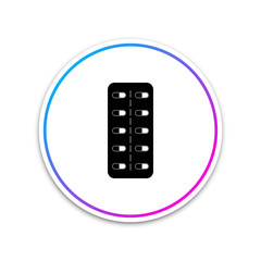 Pills in blister pack icon isolated on white background. Medical drug package for tablet: vitamin, antibiotic, aspirin. Circle white button. Vector Illustration