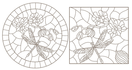 A set of contour illustrations of stained glass Windows with dragonflys and orchids, round and rectangular images