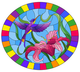 Illustration in stained glass style with bright Hummingbird against the sky, foliage and flower of Lily, oval image in bright frame