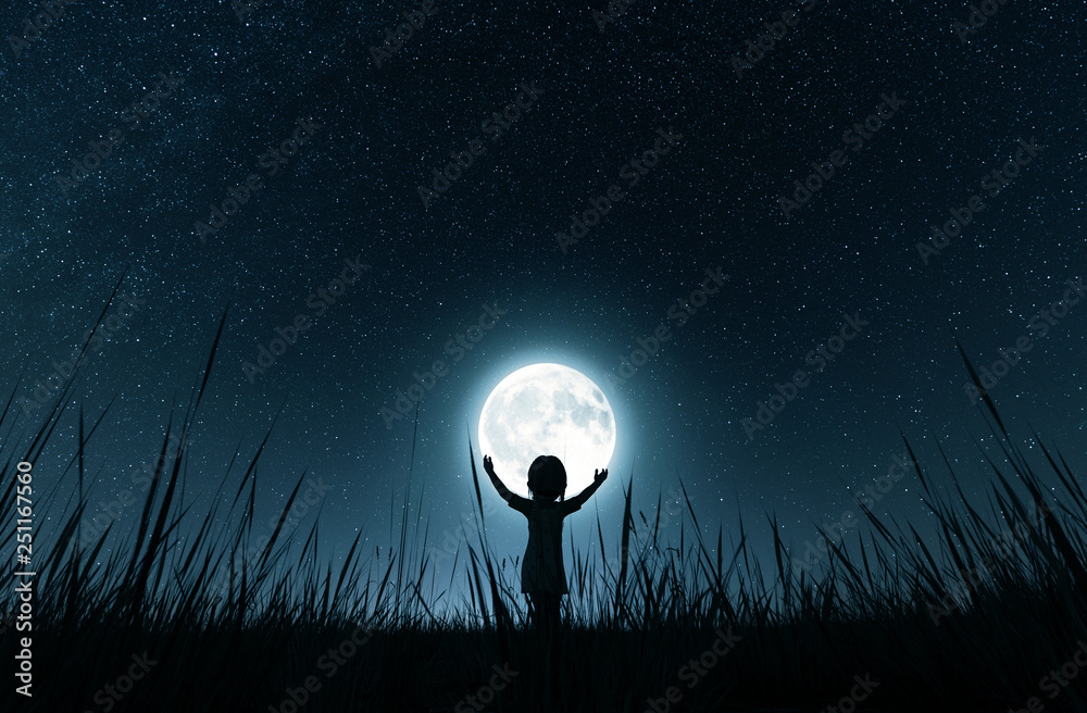 Wall mural girl holding the moon in starry night,3d rendering