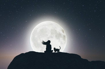 Girl with the cat on the cliff looking to the moon,3d rendering - 251167540