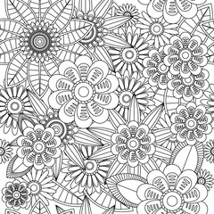 Seamless fractal pattern of flowers and leaves in black and white style. Vector illustration.