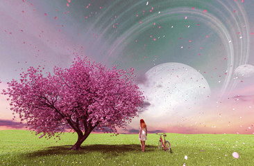 3d illustration conceptual of a girl walking in fantasy field