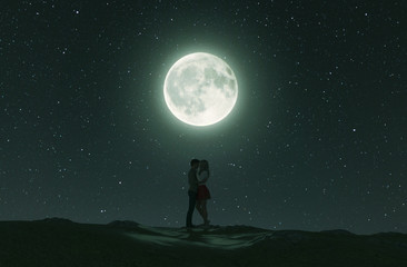 Fototapeta na wymiar Love couples under the moonlight,3d rendering