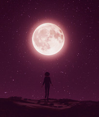 Obraz premium Girl walking to the moon in starry night,3d rendering