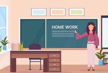 woman teacher writing home work at chalk board modern school classroom interior female cartoon character full length horizontal banner flat