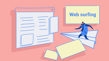 man flying on paper plane to website page browser web surfing concept casual guy in winter clothes browsing on airplane sketch doodle horizontal