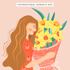 8 march, International Women's Day greeting card. Beautiful girl holding a bouquet of yellow narcissus with green leaves in her hands. Vector illustration.