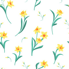 Seamless pattern of yellow narcissus with green leaves. Vector illustration for textile, postcard, wrapping paper, poster, background, book, t-shirt.
