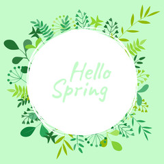 Vector illustration with composite from flowers, branches and inscription Hello Spring. For greeting card, print on clothes, holiday invitation to the feast, banner, poster.