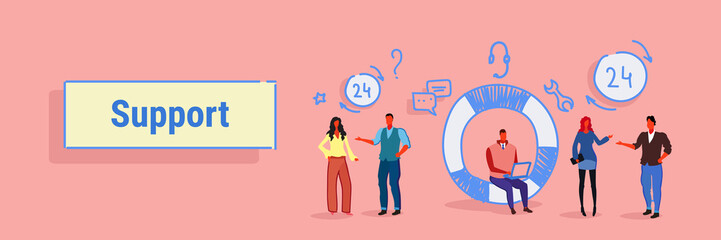 business people technical team support center concept online customer service working process male female cartoon character full length sketch flow style horizontal banner