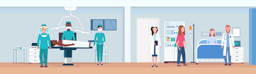 surgeons operating patient on operation table doctors visiting woman lying in bed intensive therapy ward surgery room interior healthcare concept horizontal banner flat full length