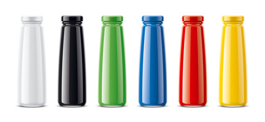 Bottles for juice, dairy drinks and other. Colored, not transparent version 