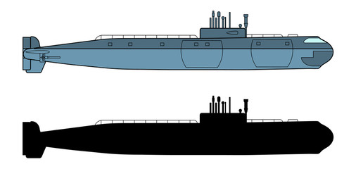 Detailed Submarine. Side view. Warship in realistic style. Military ship. Battleship model. Industrial drawing. Vector illustration isolated on white background.