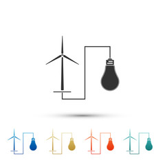 Wind mill turbine generating power energy and light bulb icon on white background. Alternative natural renewable energy production using wind mills. Set elements in color icons. Vector Illustration
