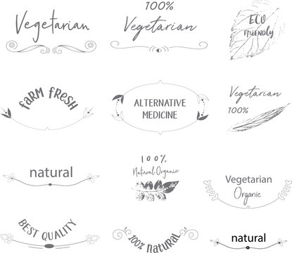 Bio, Ecology, Organic logos and icons, labels, tags. Hand drawn bio healthy food badges, set of raw, vegan, healthy food signs, organic and elements set