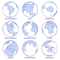 Sketch earth. Map world hand drawn globe, earth circle concept continents contour planet oceans land doodle set
