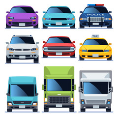 Car front view icons set. Vehicles driving auto service police truck sedan taxi cargo cars road city transport