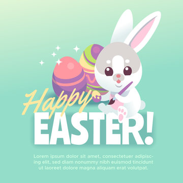 Happy easter bunny poster. Cute white rabbit with easter egg cartoon bunnies greeting celebration vector card